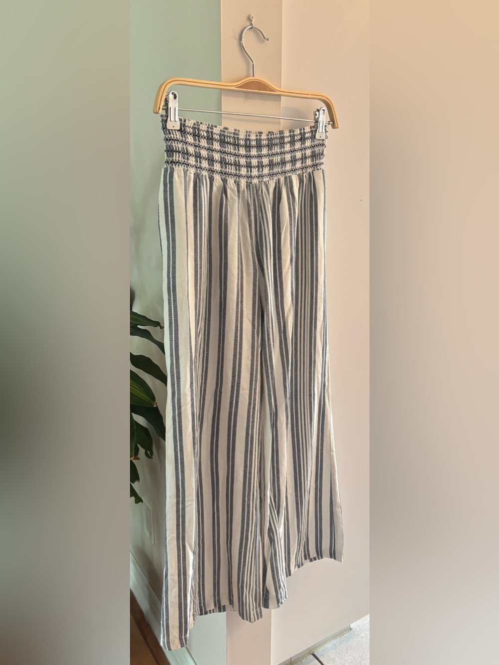 Linen Streetwear Society Blue and White Striped Smocked-Waist Wide-Leg Pants